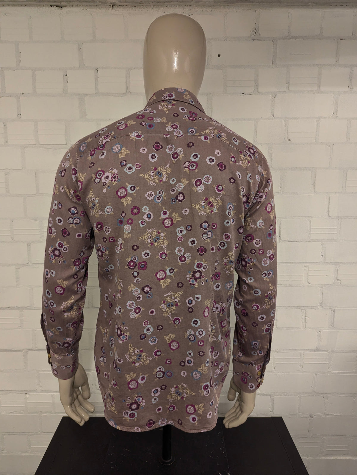Hans Ubbink overhemd. Lila Paars Blauw Kaki Bloemen print. Maat L. (XL)