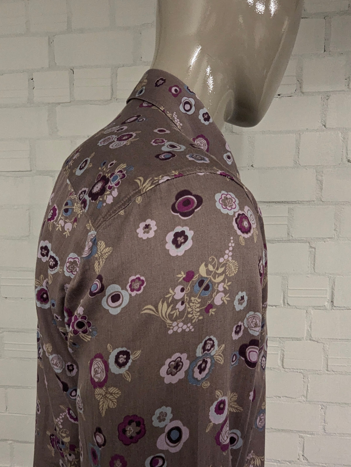 Hans Ubbink overhemd. Lila Paars Blauw Kaki Bloemen print. Maat L. (XL)