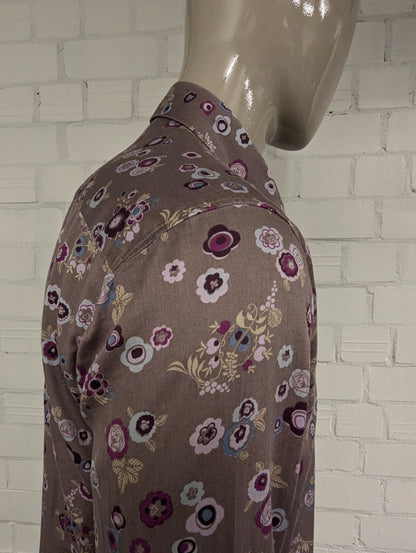 Hans Ubbink overhemd. Lila Paars Blauw Kaki Bloemen print. Maat L. (XL)