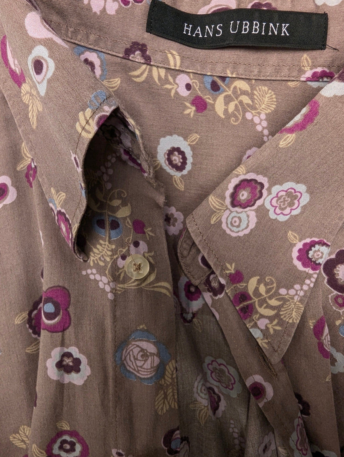 Hans Ubbink overhemd. Lila Paars Blauw Kaki Bloemen print. Maat L. (XL)