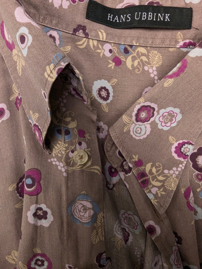 Hans Ubbink overhemd. Lila Paars Blauw Kaki Bloemen print. Maat L. (XL)