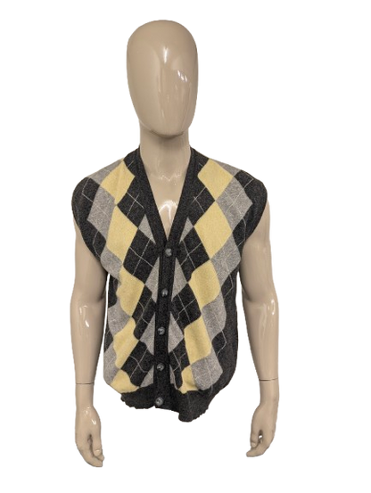 Vintage Freemans Wollen spencer / gilet. Geel Grijze Argyle motief. Maat L. 80% Wol.