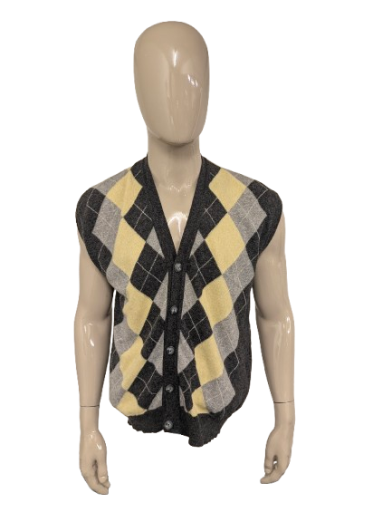 Vintage Freemans Wollen spencer / gilet. Geel Grijze Argyle motief. Maat L. 80% Wol.
