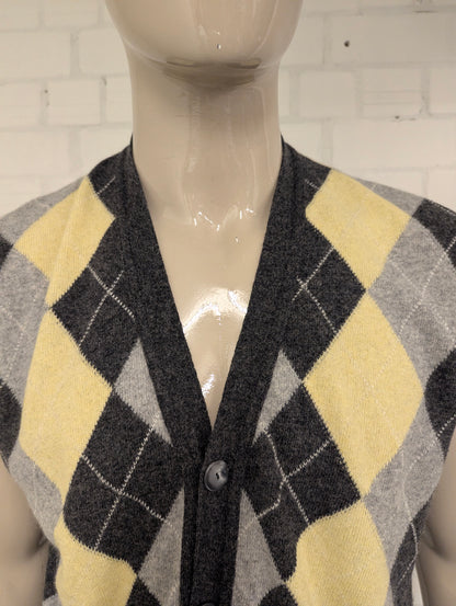 Vintage Freemans Wollen spencer / gilet. Geel Grijze Argyle motief. Maat L. 80% Wol.