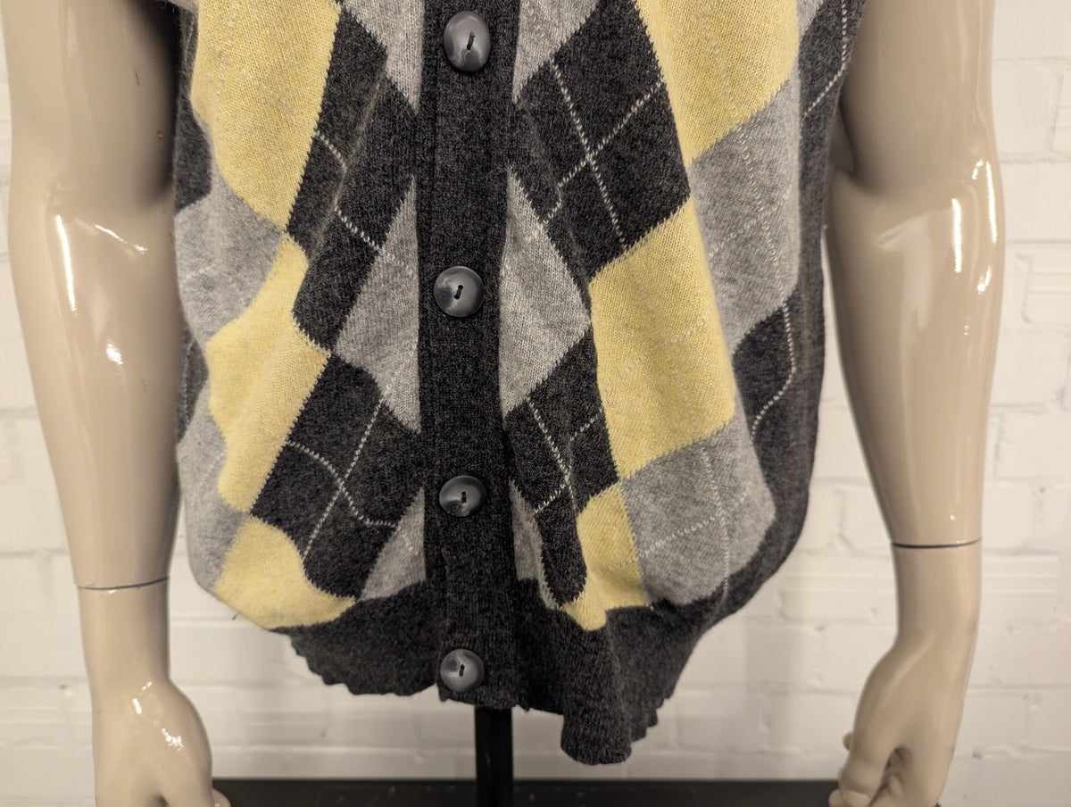 Vintage Freemans Wollen spencer / gilet. Geel Grijze Argyle motief. Maat L. 80% Wol.