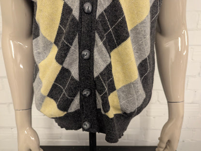 Vintage Freemans Wollen spencer / gilet. Geel Grijze Argyle motief. Maat L. 80% Wol.