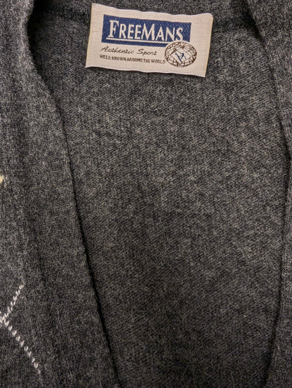 Vintage Freemans Wollen spencer / gilet. Geel Grijze Argyle motief. Maat L. 80% Wol.