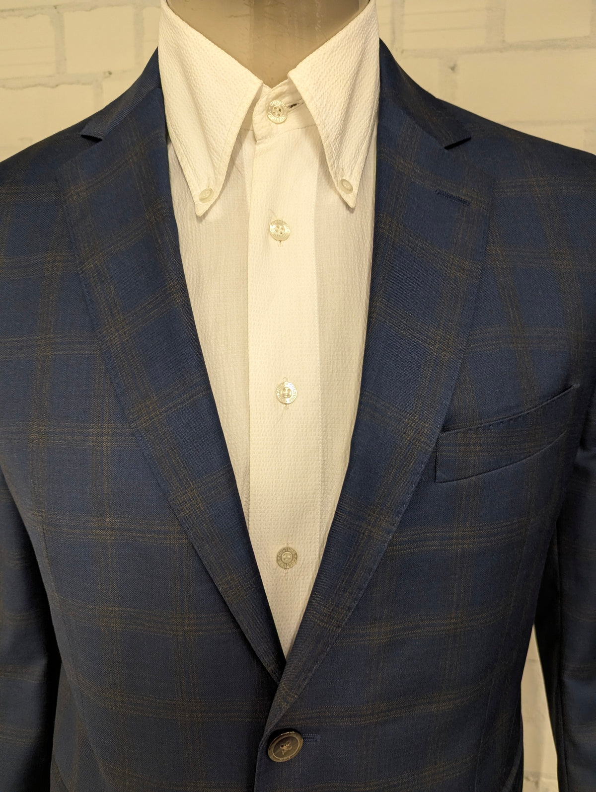 Gentiluomo Wollen Kostuum. Blauw Grijs gemêleerd. Maat 52/L.  slim fit. type verona.