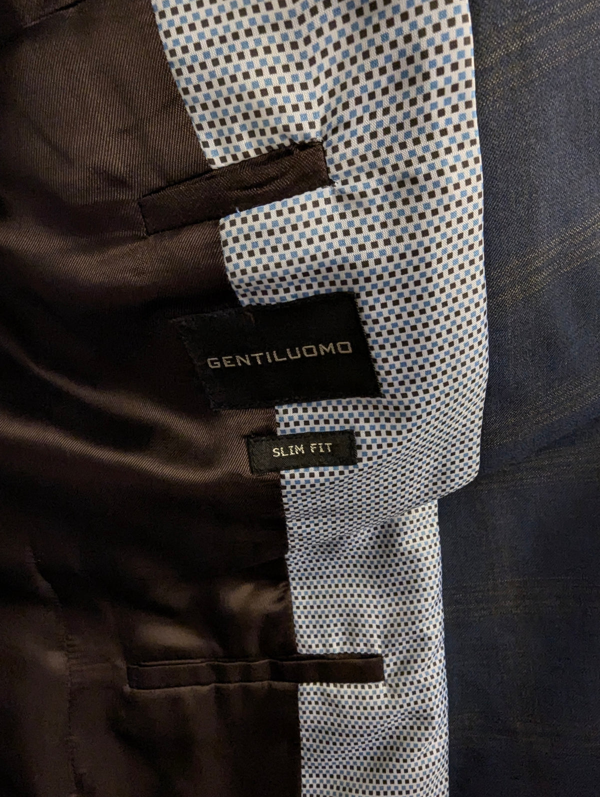 Gentiluomo Wollen Kostuum. Blauw Grijs gemêleerd. Maat 52/L.  slim fit. type verona.