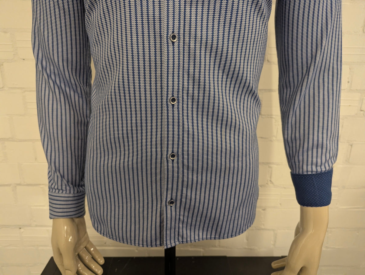 Olymp No6 overhemd. Blauw Witte print. super slim. Maat M.