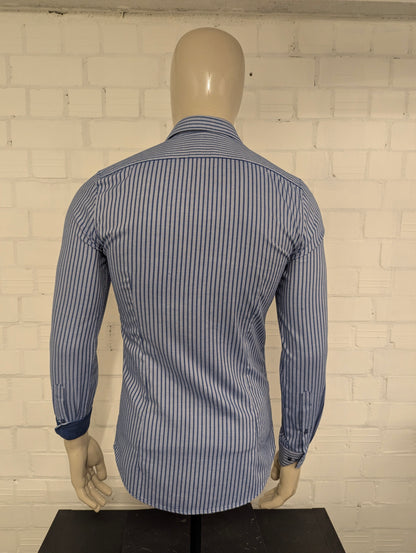 Olymp No6 overhemd. Blauw Witte print. super slim. Maat M.