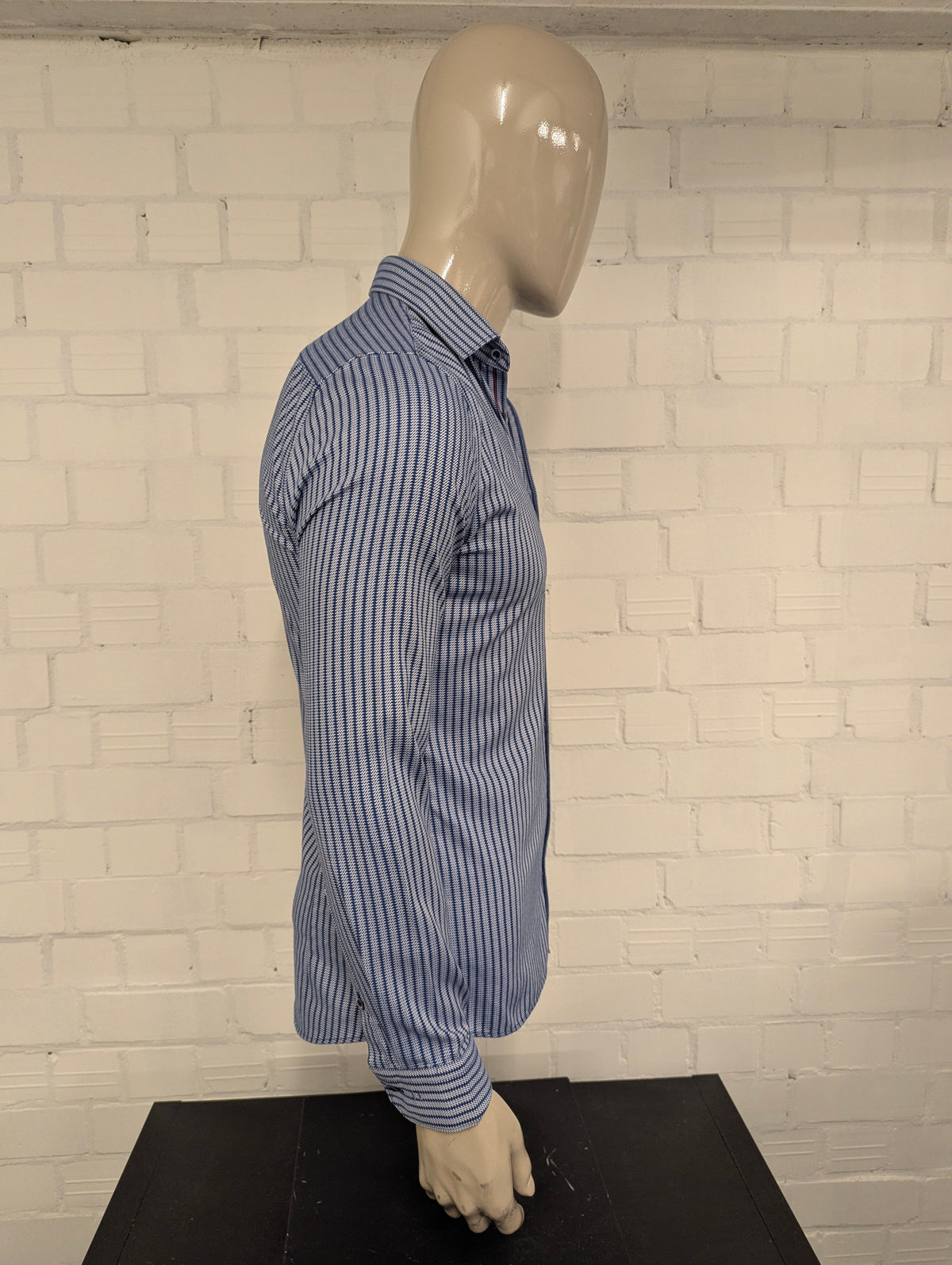 Olymp No6 overhemd. Blauw Witte print. super slim. Maat M.