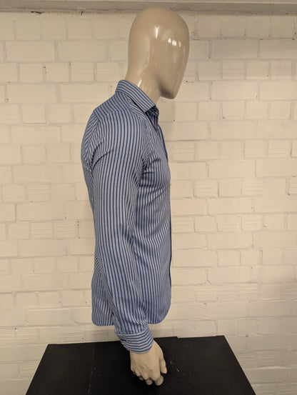 Olymp No6 overhemd. Blauw Witte print. super slim. Maat M.