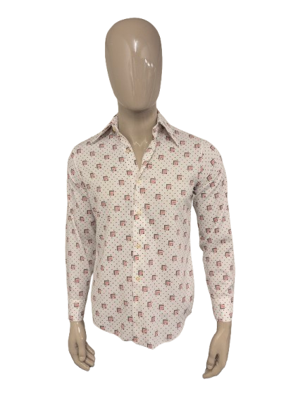 Chemise vintage des années 70 avec col pointu et boutons de manchette type. Imprimé Rose Gris Beige. Taille M. #733.