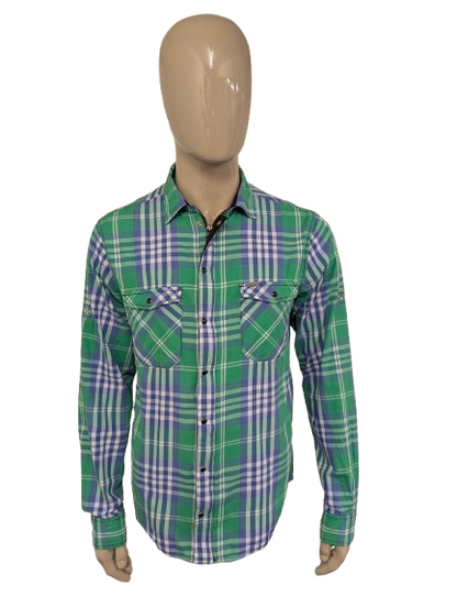 Vintage Dickies overhemd met dubbele sluiting, rits en drukknopen. Groen Blauw geruit. Maat L.