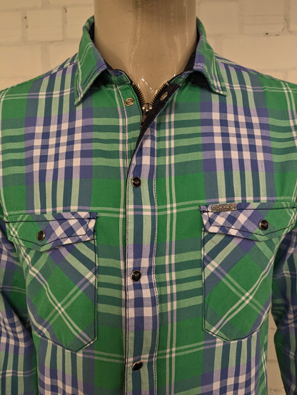 Vintage Dickies overhemd met dubbele sluiting, rits en drukknopen. Groen Blauw geruit. Maat L.