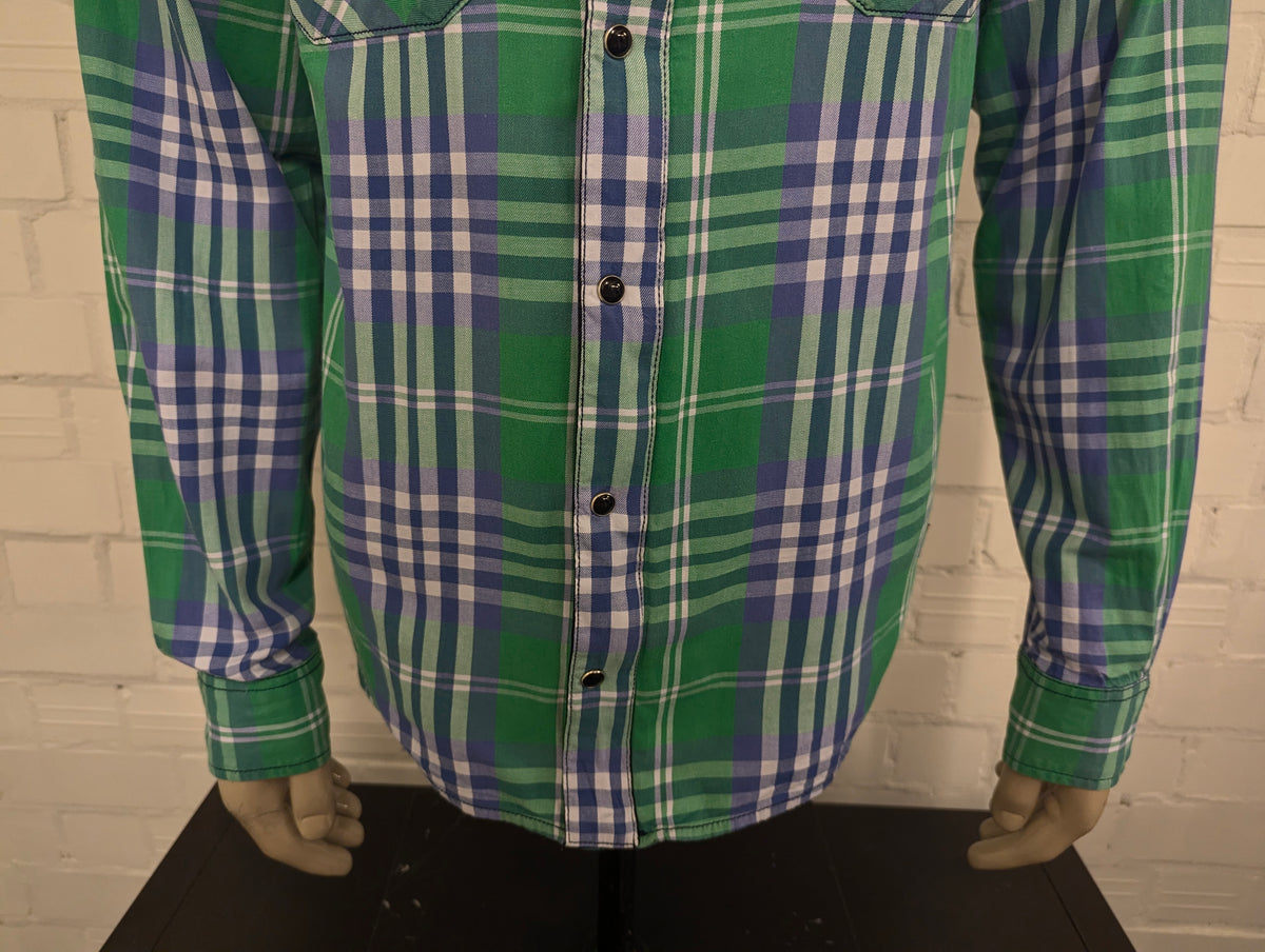 Vintage Dickies overhemd met dubbele sluiting, rits en drukknopen. Groen Blauw geruit. Maat L.