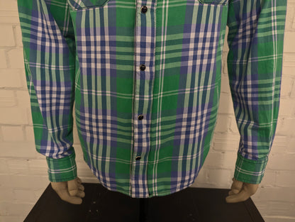 Vintage Dickies overhemd met dubbele sluiting, rits en drukknopen. Groen Blauw geruit. Maat L.