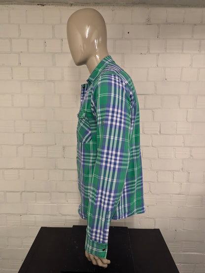 Vintage Dickies overhemd met dubbele sluiting, rits en drukknopen. Groen Blauw geruit. Maat L.
