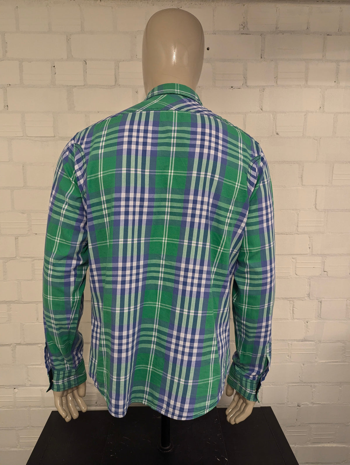 Vintage Dickies overhemd met dubbele sluiting, rits en drukknopen. Groen Blauw geruit. Maat L.