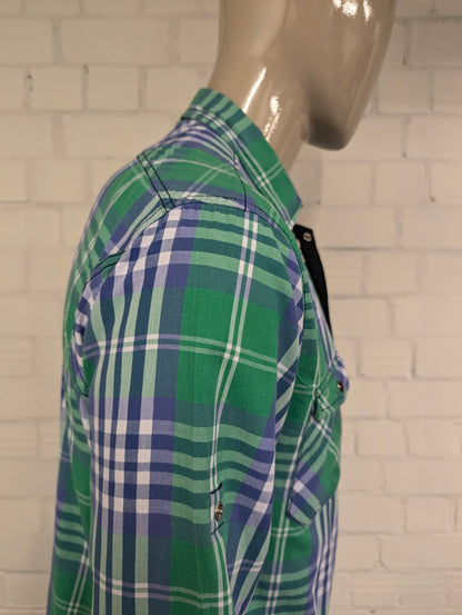 Vintage Dickies overhemd met dubbele sluiting, rits en drukknopen. Groen Blauw geruit. Maat L.
