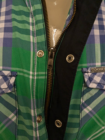 Vintage Dickies overhemd met dubbele sluiting, rits en drukknopen. Groen Blauw geruit. Maat L.