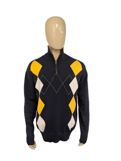 Nautica Quarter Zip trui met korte rits. Donker Blauw Geel Wit Grijze Argyle ruit. Maat XL.
