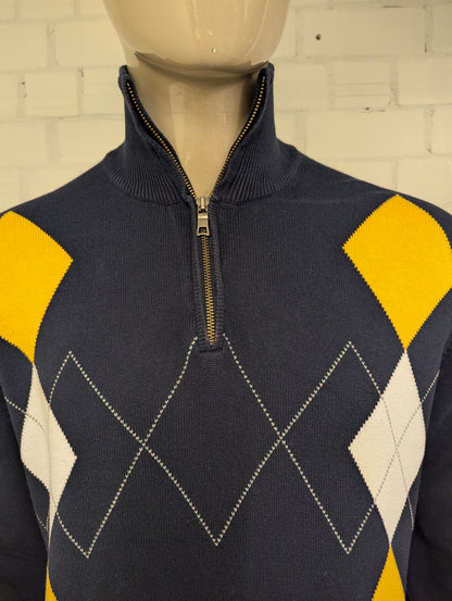 Nautica Quarter Zip trui met korte rits. Donker Blauw Geel Wit Grijze Argyle ruit. Maat XL.