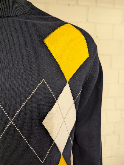 Nautica Quarter Zip trui met korte rits. Donker Blauw Geel Wit Grijze Argyle ruit. Maat XL.