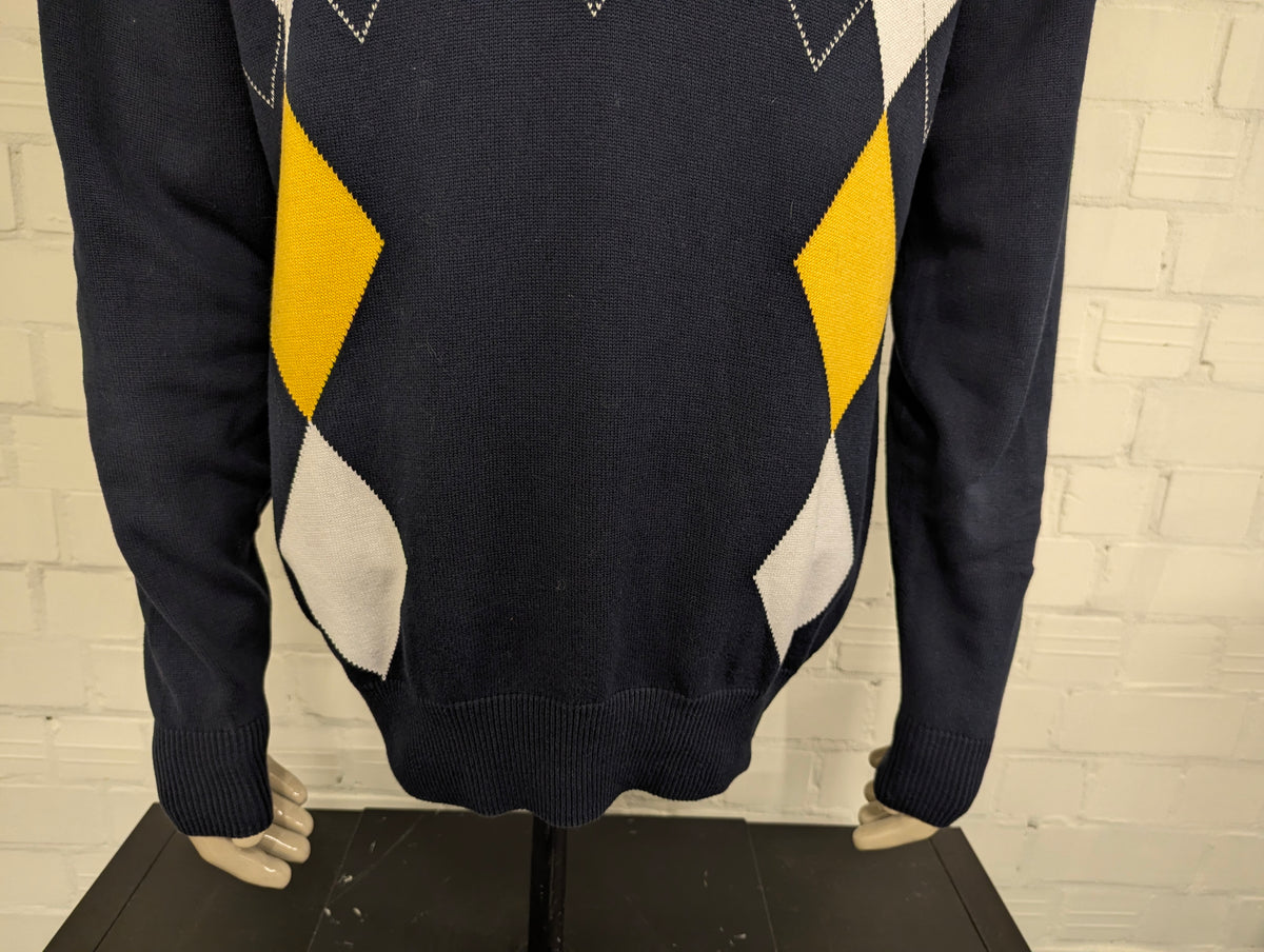 Nautica Quarter Zip trui met korte rits. Donker Blauw Geel Wit Grijze Argyle ruit. Maat XL.