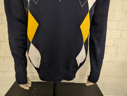 Nautica Quarter Zip trui met korte rits. Donker Blauw Geel Wit Grijze Argyle ruit. Maat XL.
