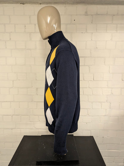 Nautica Quarter Zip trui met korte rits. Donker Blauw Geel Wit Grijze Argyle ruit. Maat XL.