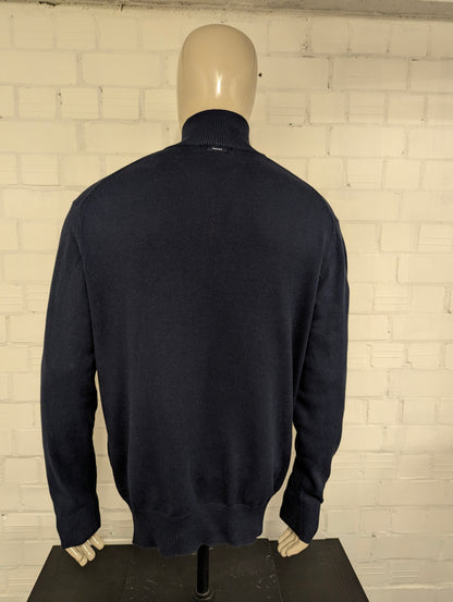 Nautica Quarter Zip trui met korte rits. Donker Blauw Geel Wit Grijze Argyle ruit. Maat XL.