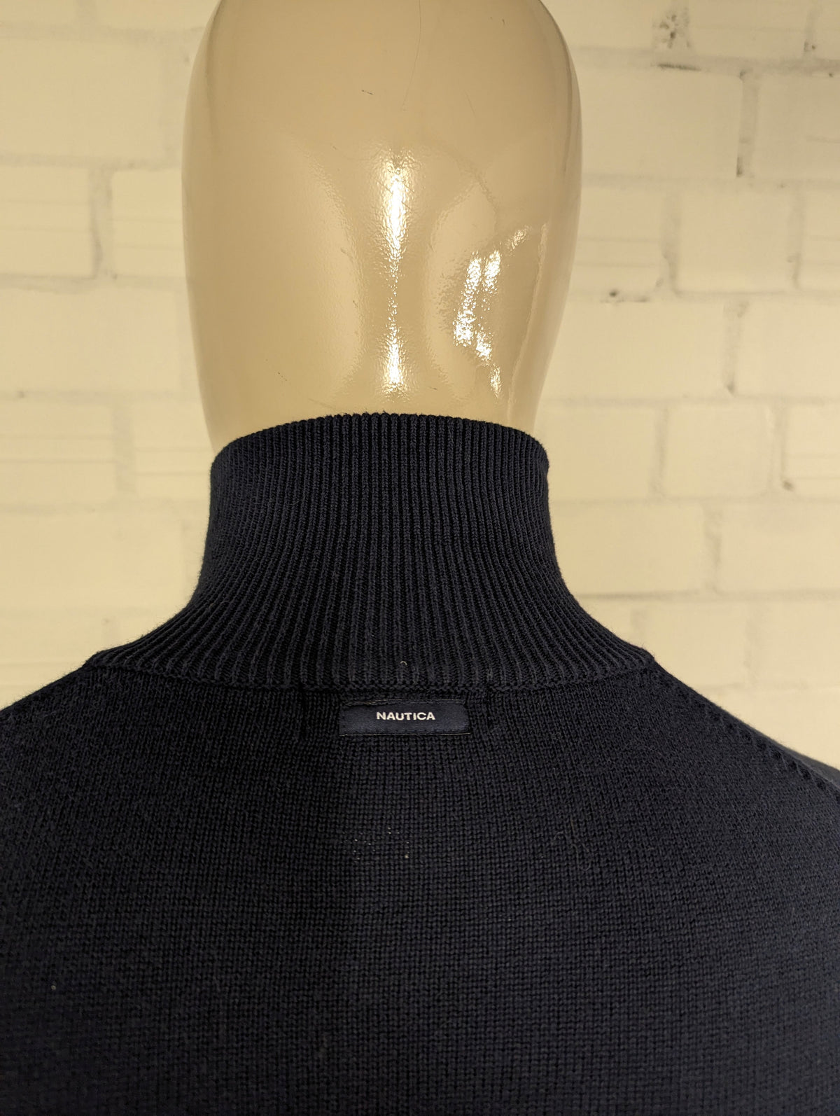 Nautica Quarter Zip trui met korte rits. Donker Blauw Geel Wit Grijze Argyle ruit. Maat XL.