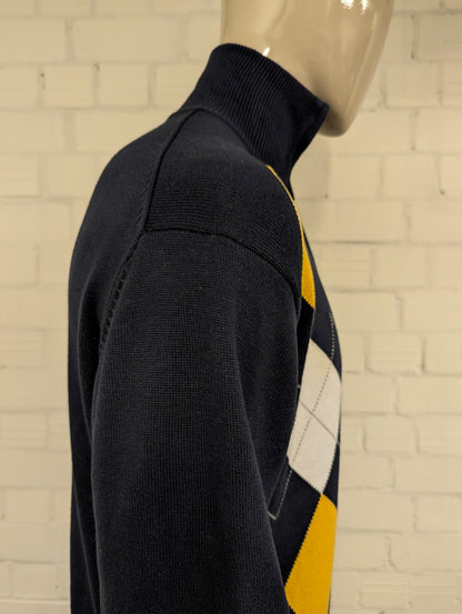 Nautica Quarter Zip trui met korte rits. Donker Blauw Geel Wit Grijze Argyle ruit. Maat XL.
