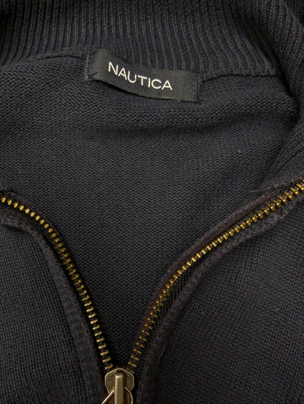 Nautica Quarter Zip trui met korte rits. Donker Blauw Geel Wit Grijze Argyle ruit. Maat XL.