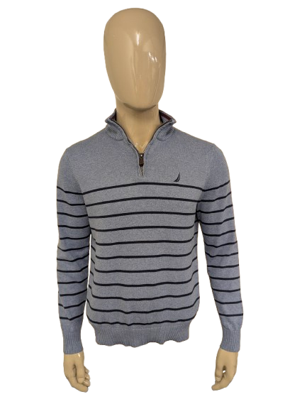 Nautica Quarter Zip trui met korte rits. Blauw gestreept. Maat M.