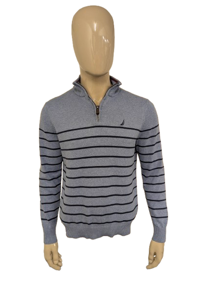 Nautica Quarter Zip trui met korte rits. Blauw gestreept. Maat M.