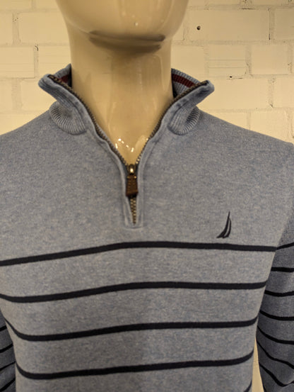 Nautica Quarter Zip trui met korte rits. Blauw gestreept. Maat M.