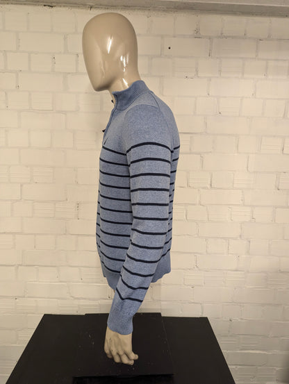 Nautica Quarter Zip trui met korte rits. Blauw gestreept. Maat M.