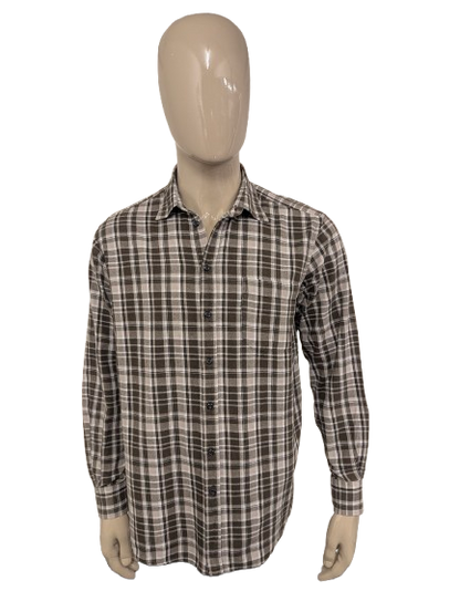 Vintage Kingfield Flanellen overhemd. Grijs Beige Zwart geruit. Maat XL.