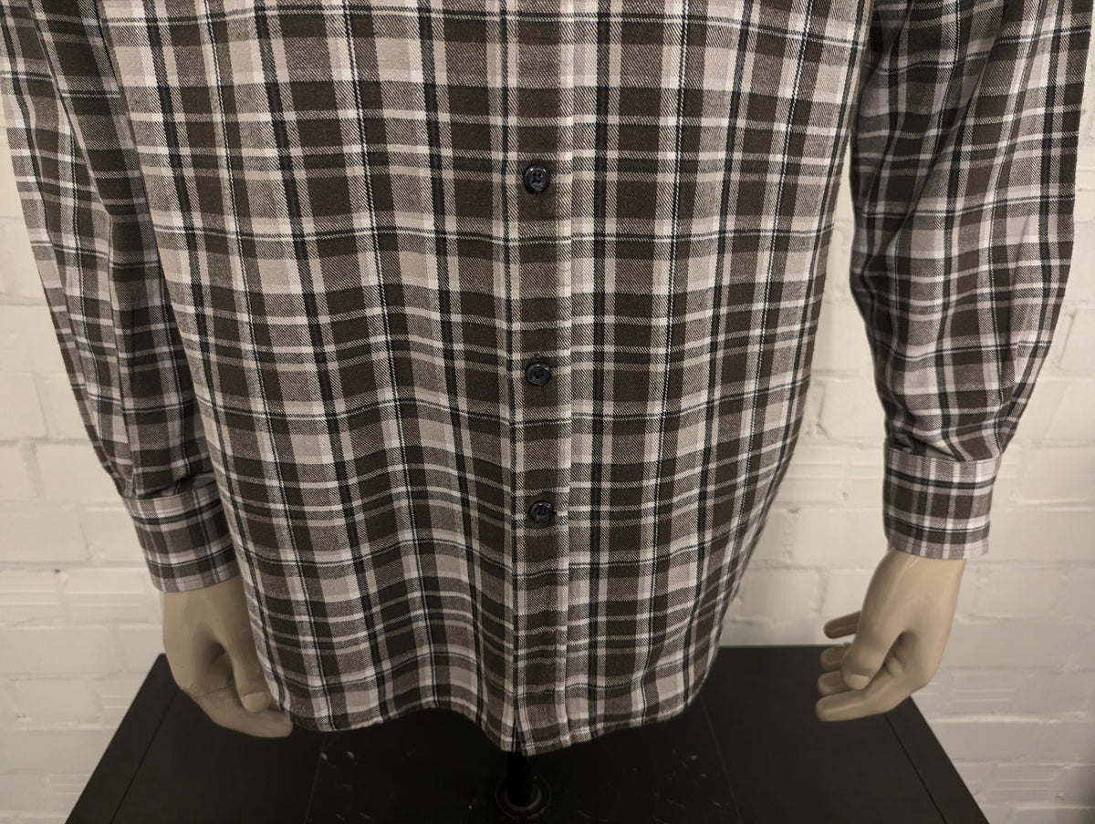 Vintage Kingfield Flanellen overhemd. Grijs Beige Zwart geruit. Maat XL.
