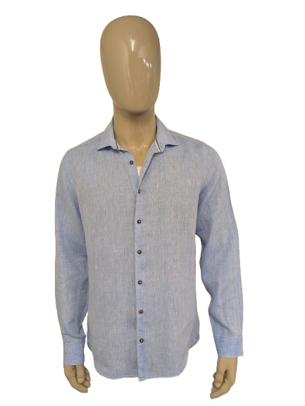 Olymp level 5 Linnen overhemd. Blauw Wit gemêleerd. Maat L. body fit.
