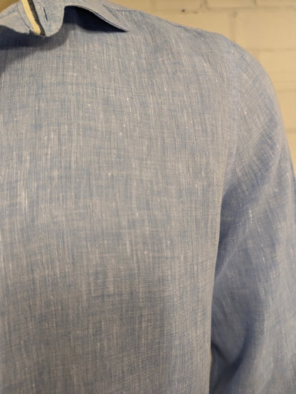 Olymp level 5 Linnen overhemd. Blauw Wit gemêleerd. Maat L. body fit.