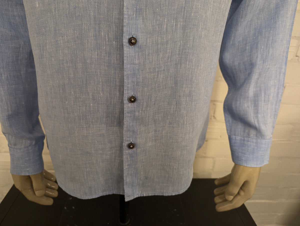 Olymp level 5 Linnen overhemd. Blauw Wit gemêleerd. Maat L. body fit.