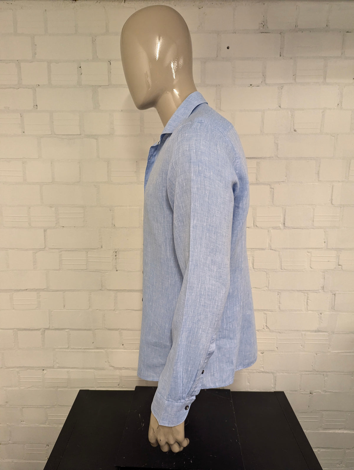 Olymp level 5 Linnen overhemd. Blauw Wit gemêleerd. Maat L. body fit.