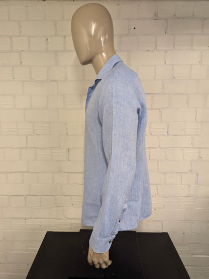 Olymp level 5 Linnen overhemd. Blauw Wit gemêleerd. Maat L. body fit.