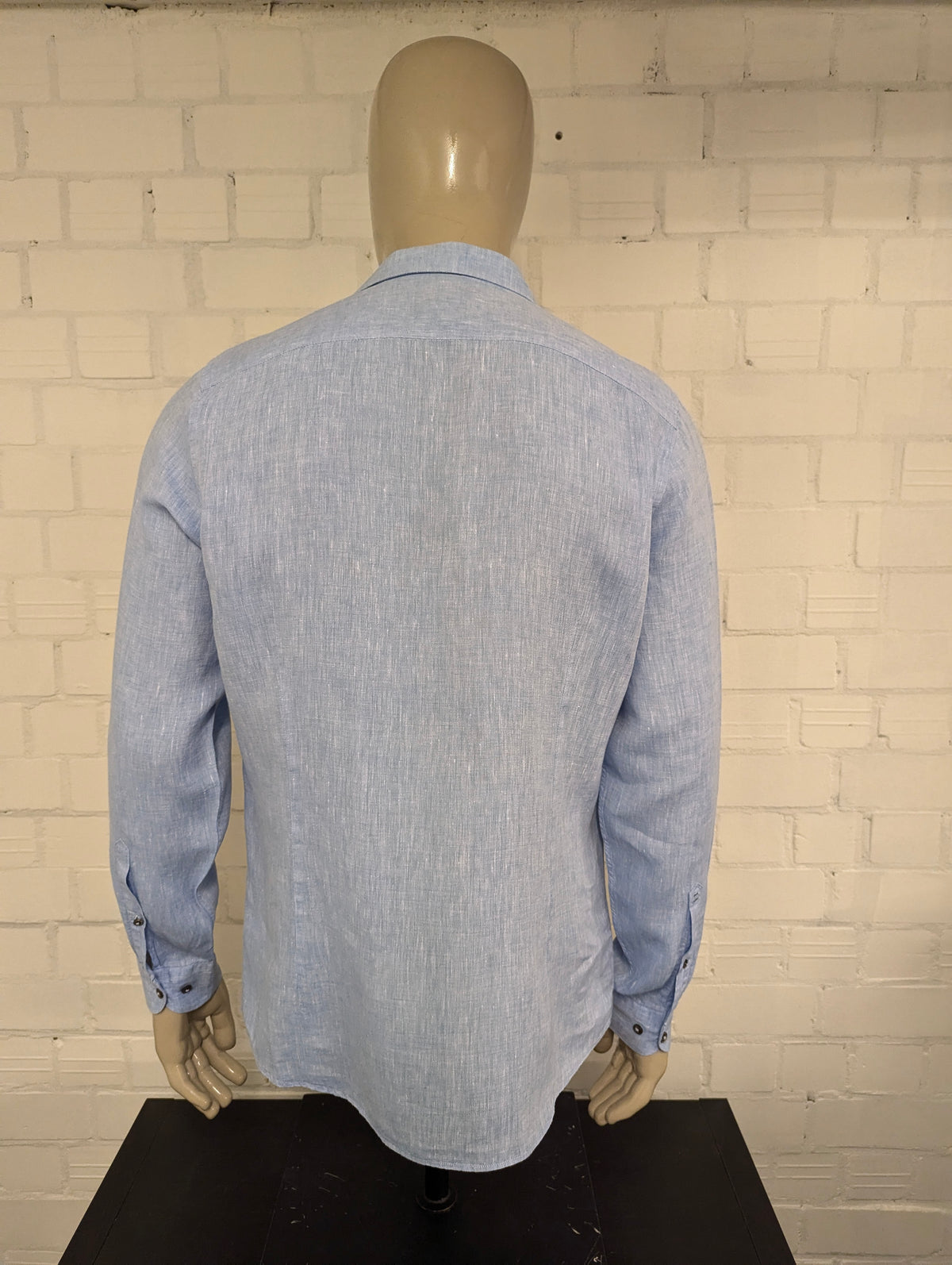 Olymp level 5 Linnen overhemd. Blauw Wit gemêleerd. Maat L. body fit.
