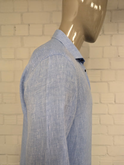 Olymp level 5 Linnen overhemd. Blauw Wit gemêleerd. Maat L. body fit.