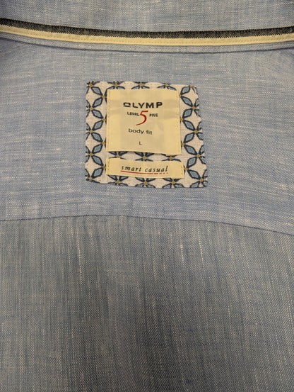 Olymp level 5 Linnen overhemd. Blauw Wit gemêleerd. Maat L. body fit.